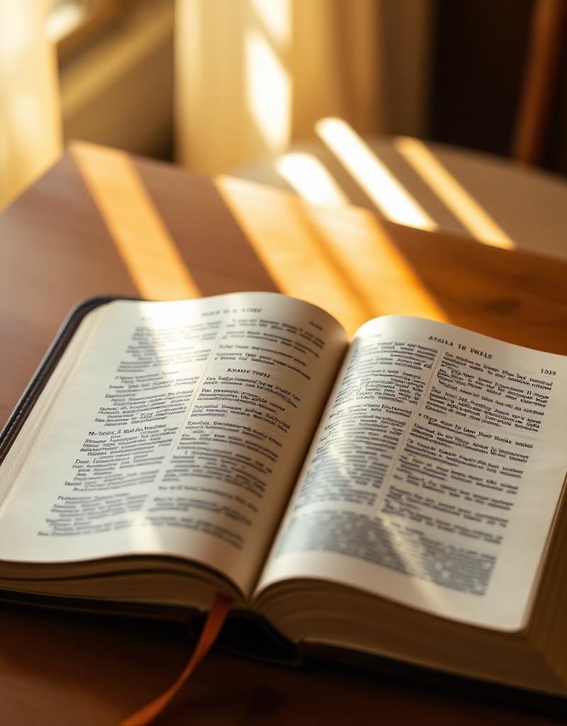 Open Bible on a wooden table in morning light
